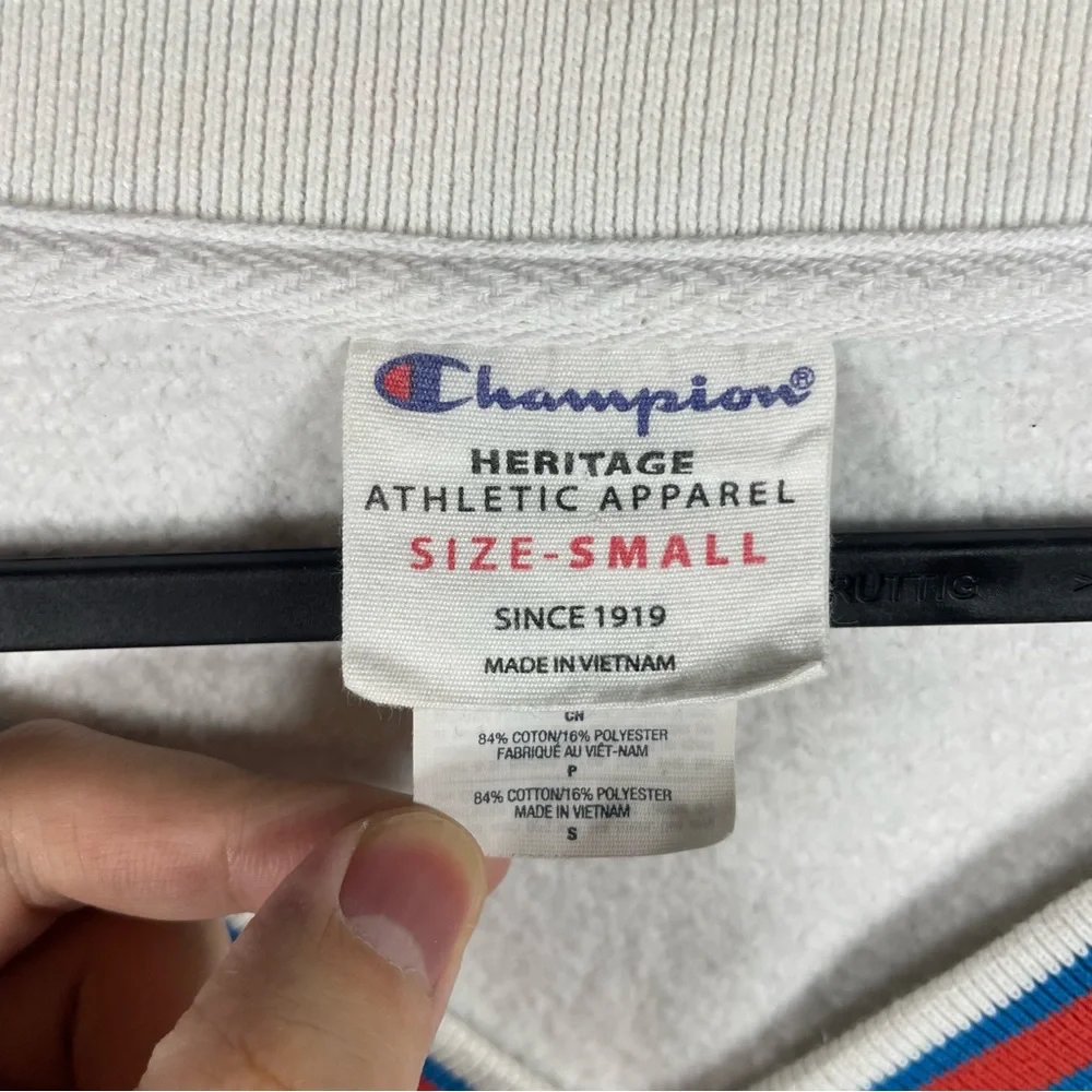 Champion Sweatshirt Heritage V-Neck Striped Trim White Small - Picture 4 of 7